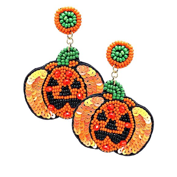 Fall Thanksgiving Pumpkin Halloween Jack-O-Lantern Beaded Statement Earrings - Picture 2 of 2